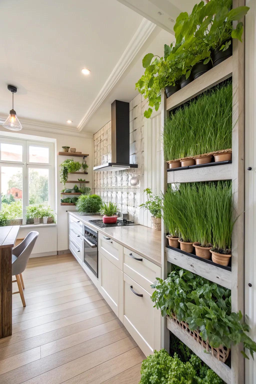 A vertical garden doubles as a standing herb garden in the kitchen, delivering fresh ingredients.