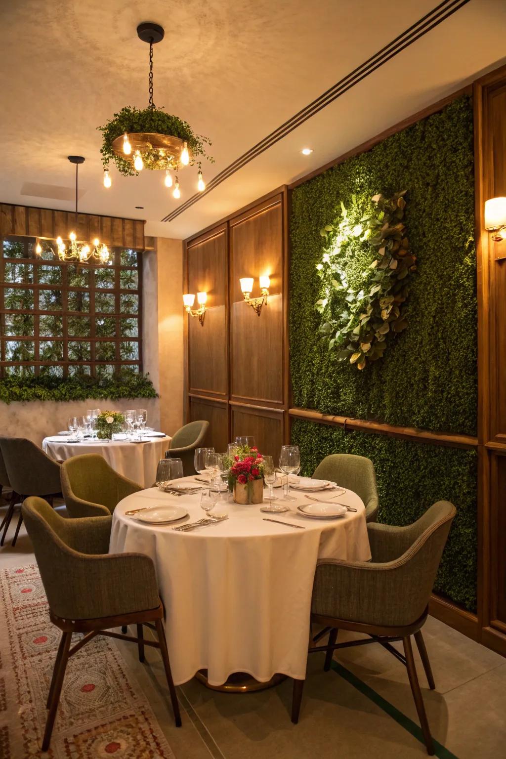 A vertical garden within the dining room introduces a fresh and inviting touch to meal times.