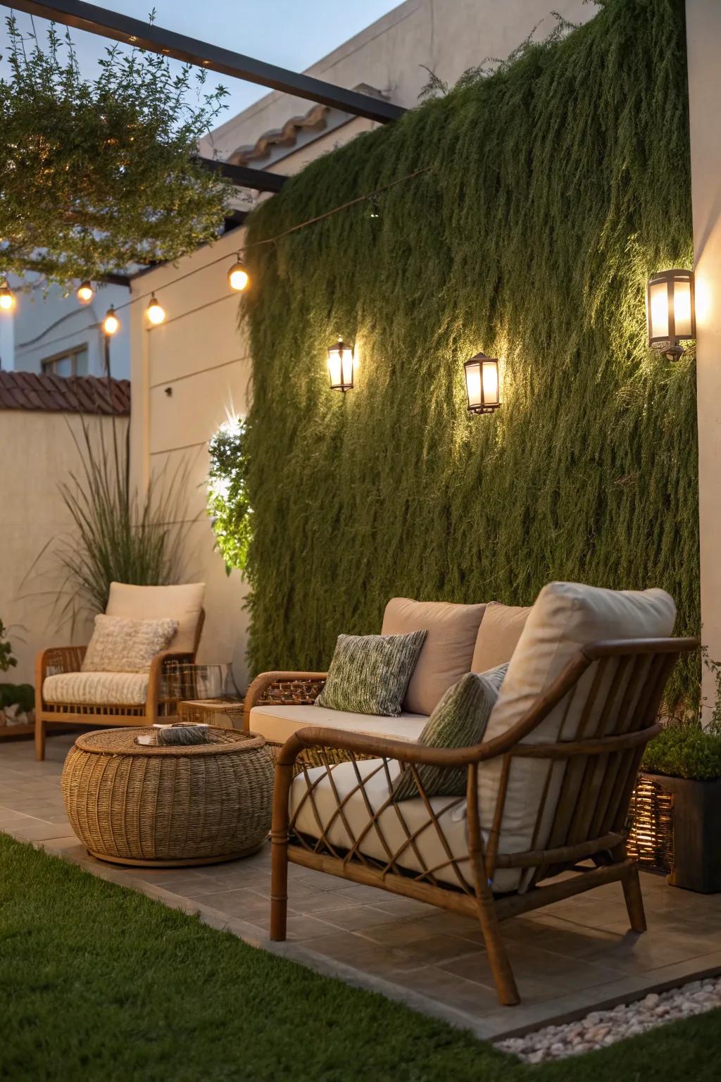 Produce an inviting patio space using a vertical garden, suitable for outdoor unwinding.