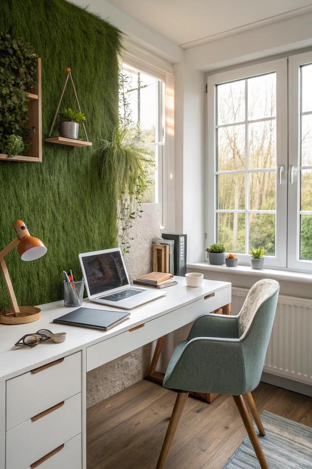 A vertical garden in the home office delivers a refreshing and tranquil work setting.