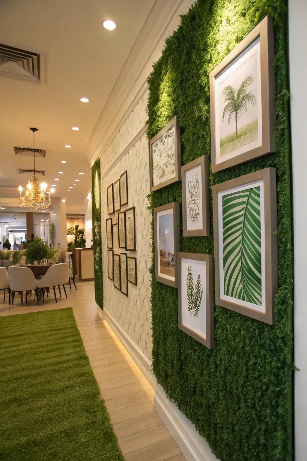 A stylish interior wall integrates verdure and framed artwork for an individual ornamental flair.