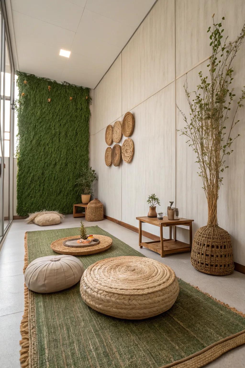 A minimalist room showcases a vertical garden, establishing a serene and calming atmosphere.