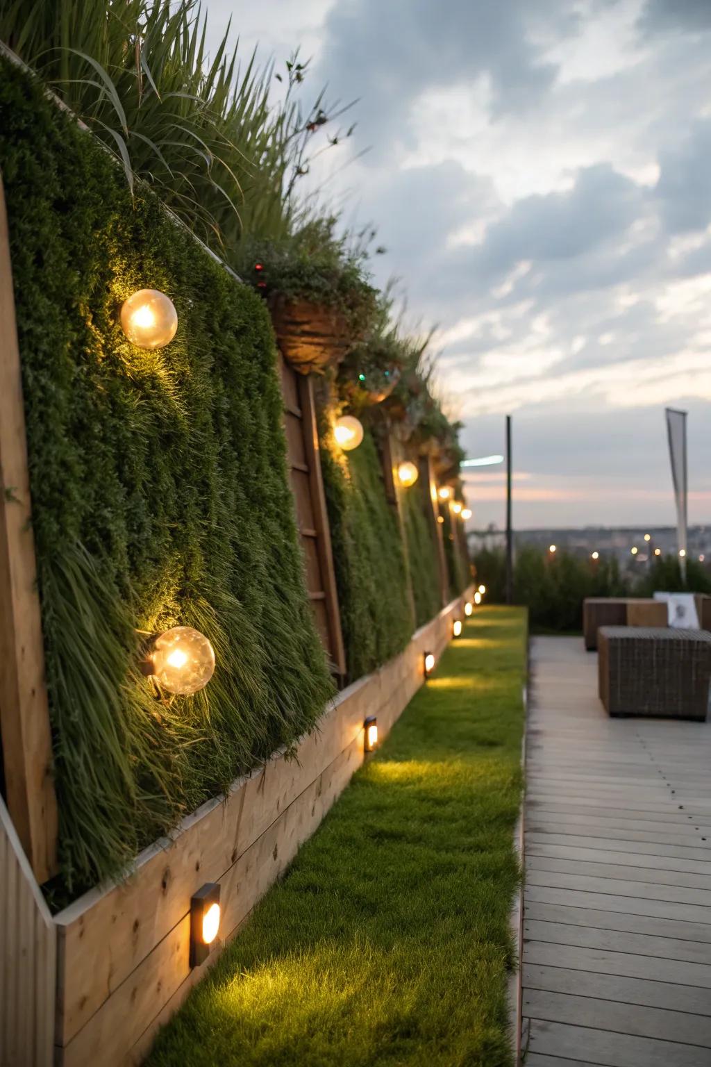 Integrated lighting enhances the beauty and texture of a vertical garden using a warm radiance.