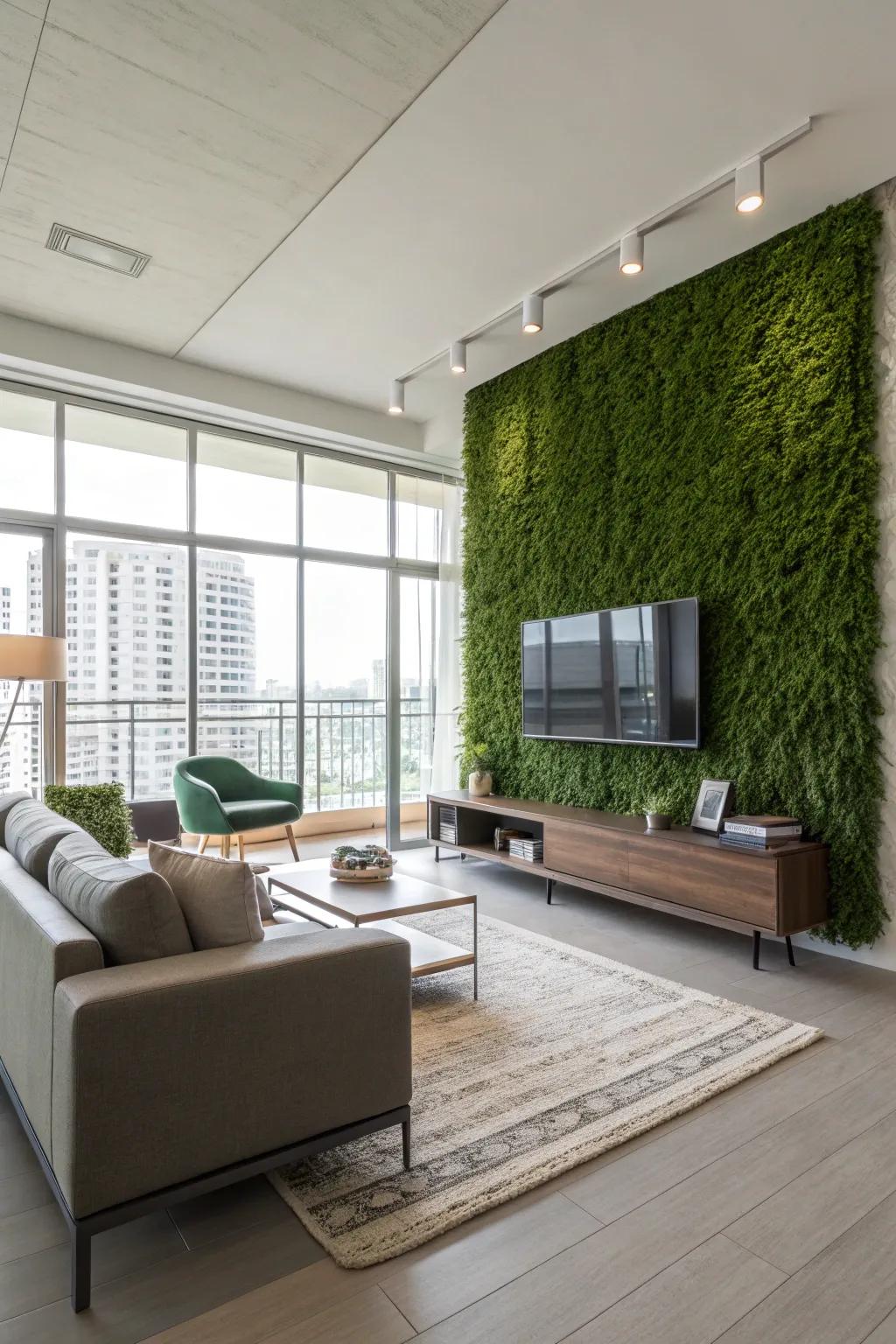 A contemporary living room features a sprawling vertical garden, crafting a revitalizing indoor retreat.