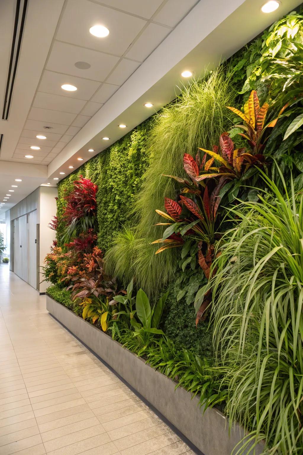 A blended flora wall merges verdure with diverse plants, forming a lavish indoor garden.