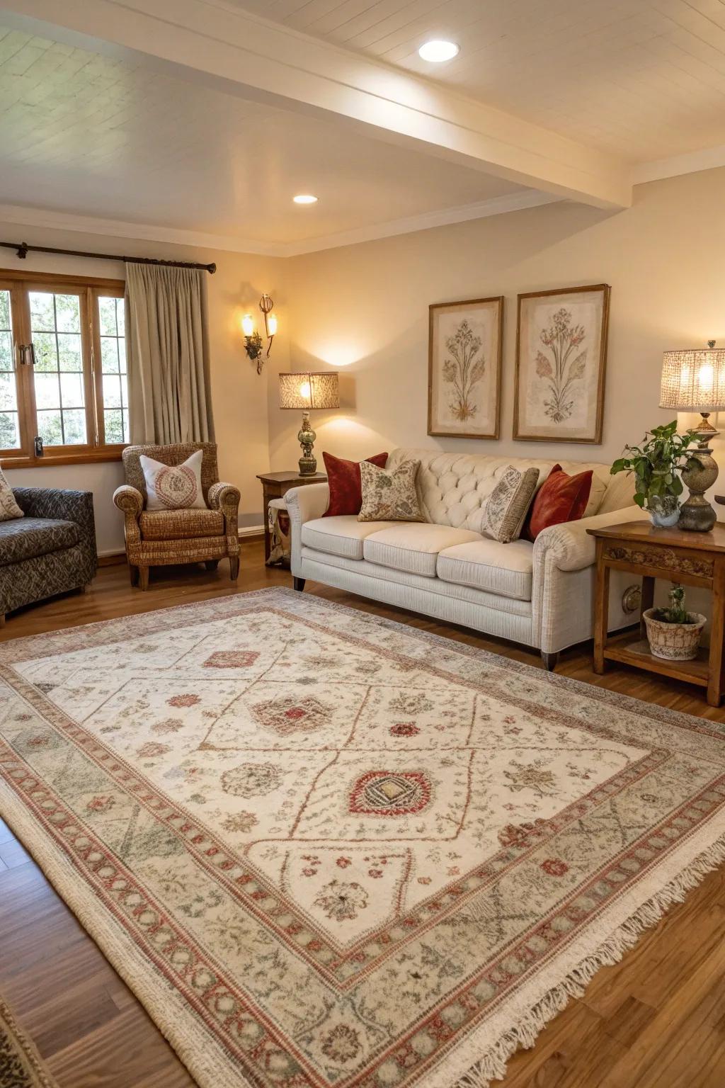 A balanced arrangement of rugs can create a harmonious room layout.