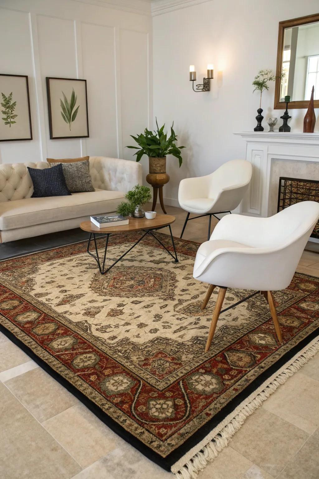 Pairing a modern rug with a traditional carpet results in a captivating style fusion.
