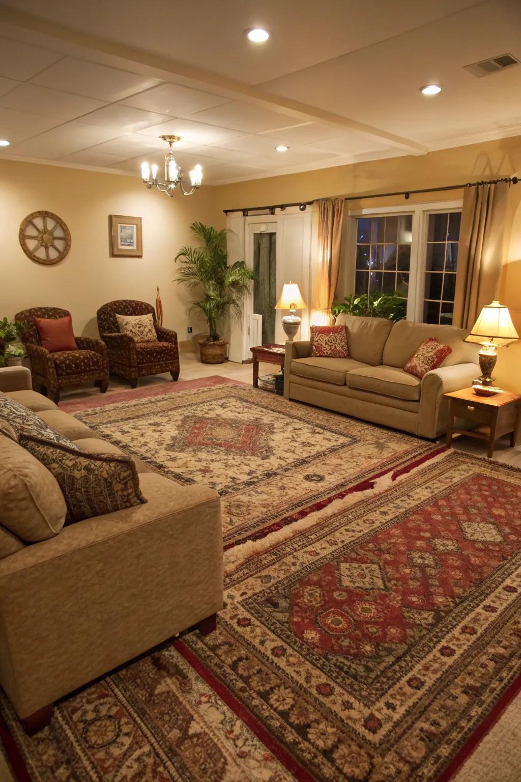 Stacking rugs turns any area into a snug sanctuary.