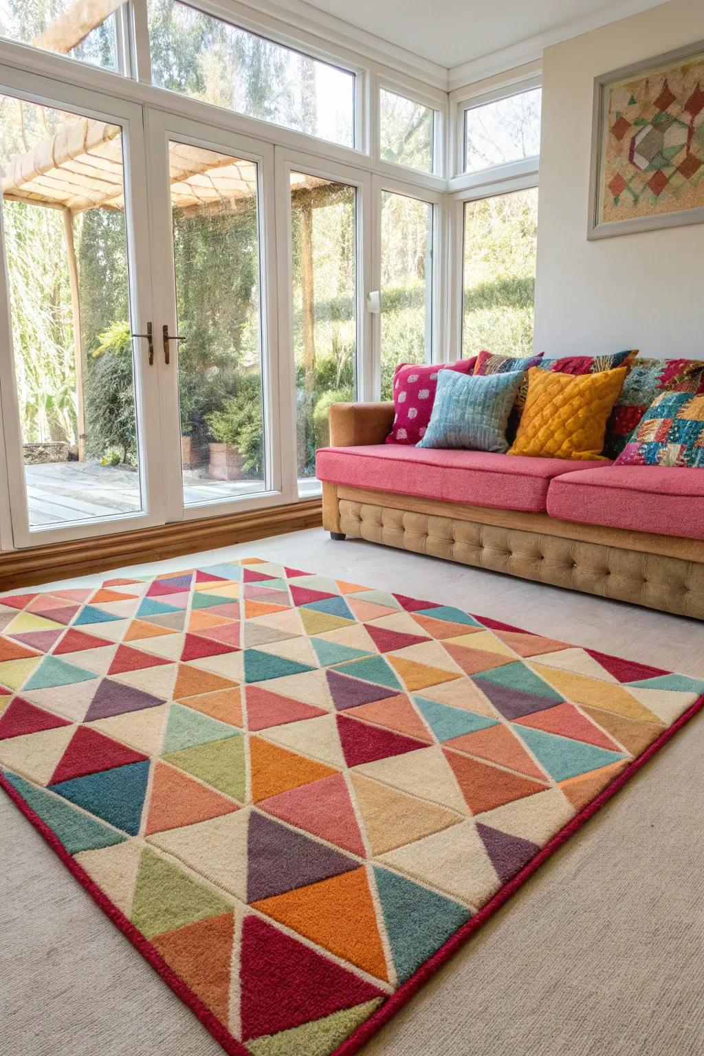 A vibrant geometric rug can really shake up a neutral carpeted floor.