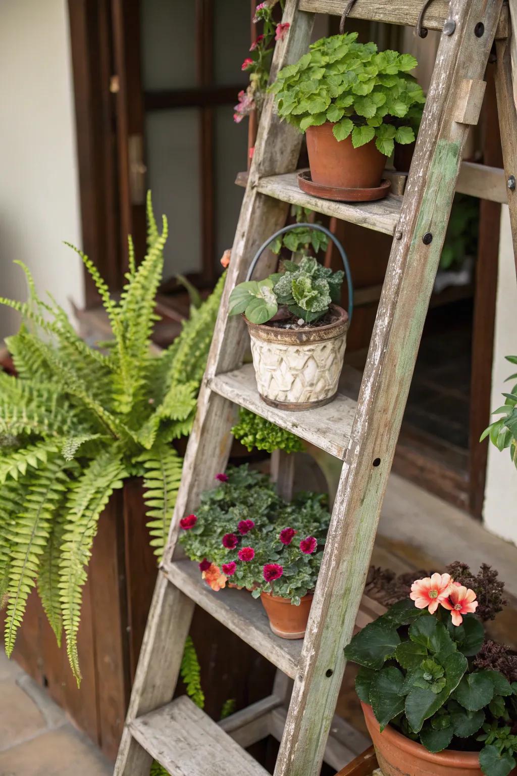 Repurpose an antique ladder as a charming botanical display.