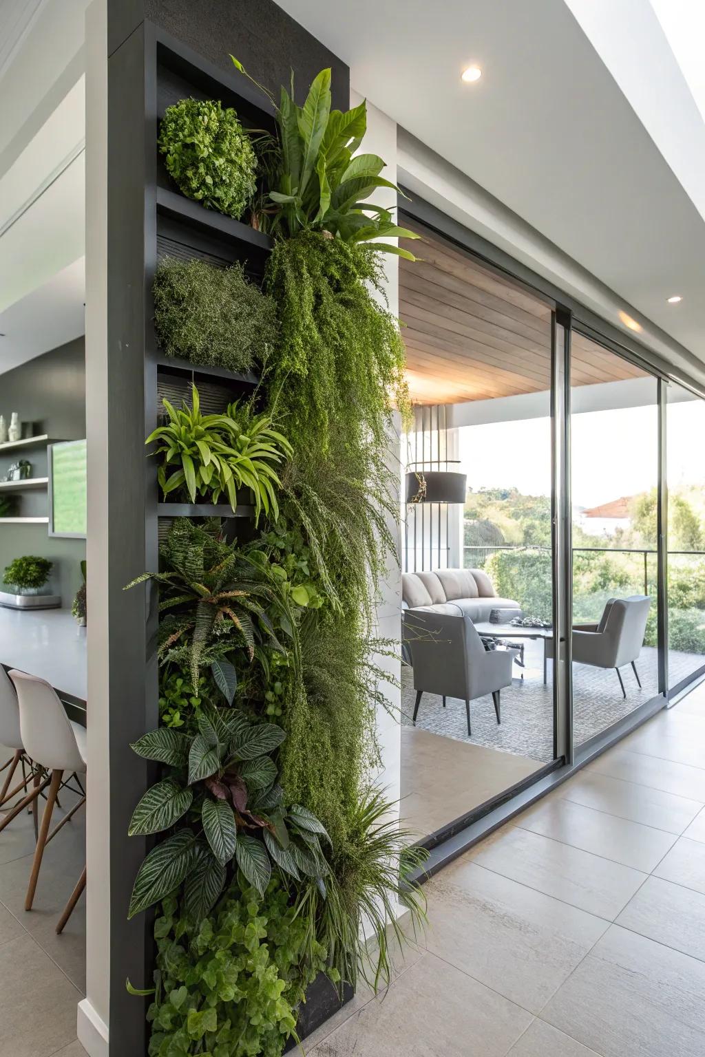 Preserve floor space through a wall-mounted botanical arrangement.