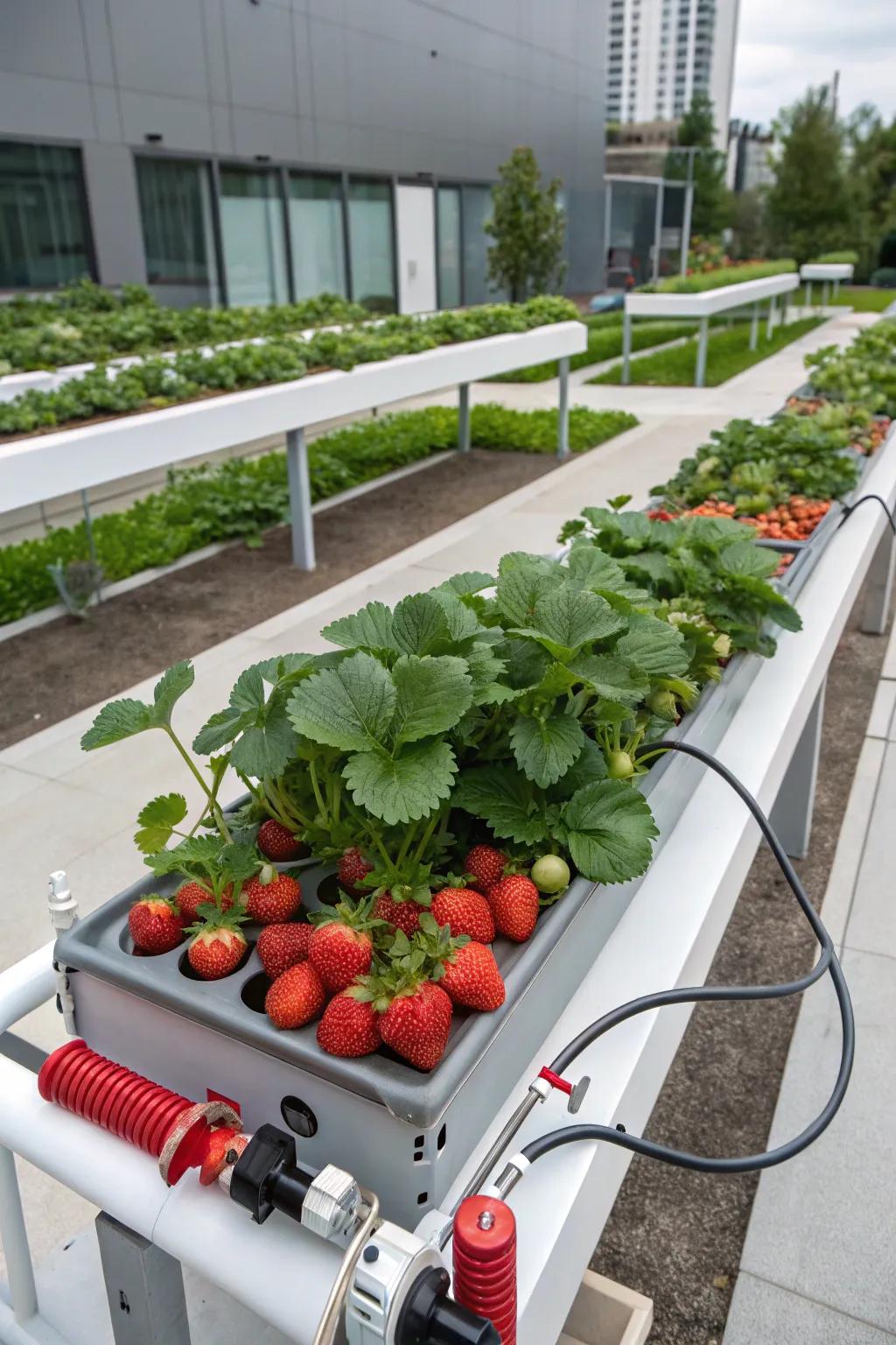 A modern soilless setup for growing strawberries.