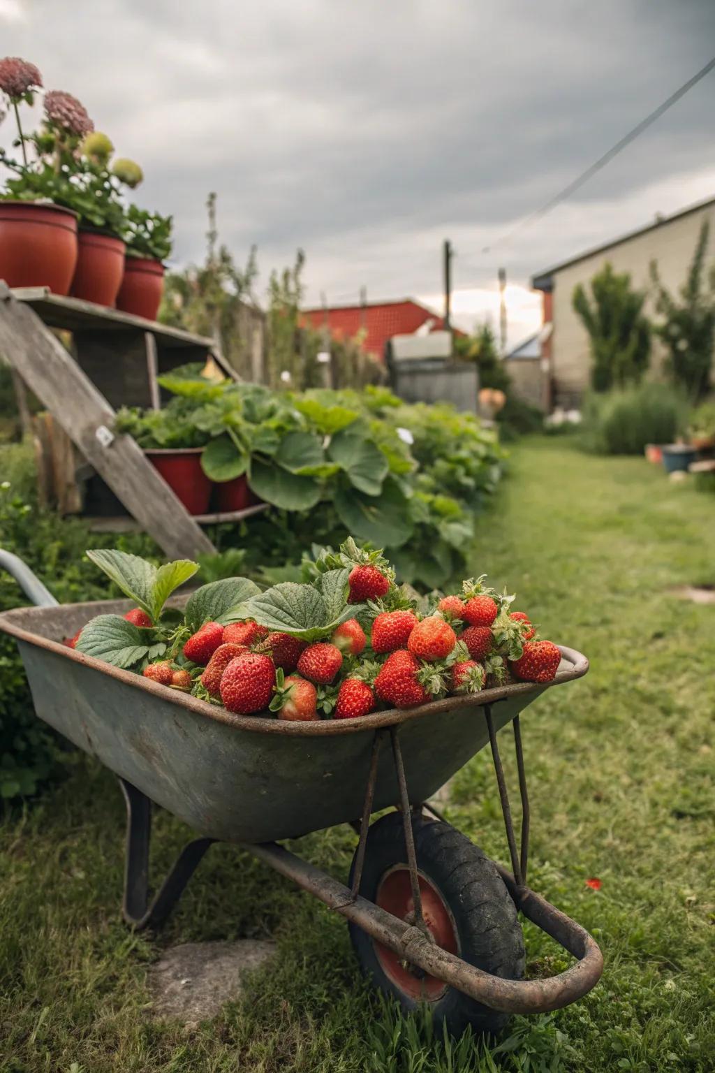 Strawberries prospering in a recycled cart.