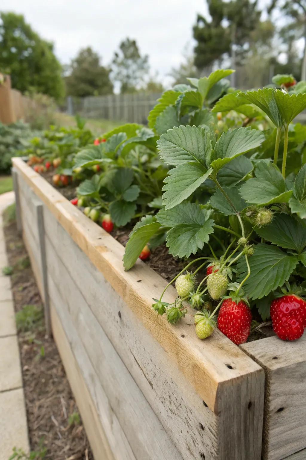Strawberries thriving in a charming elevated bed.