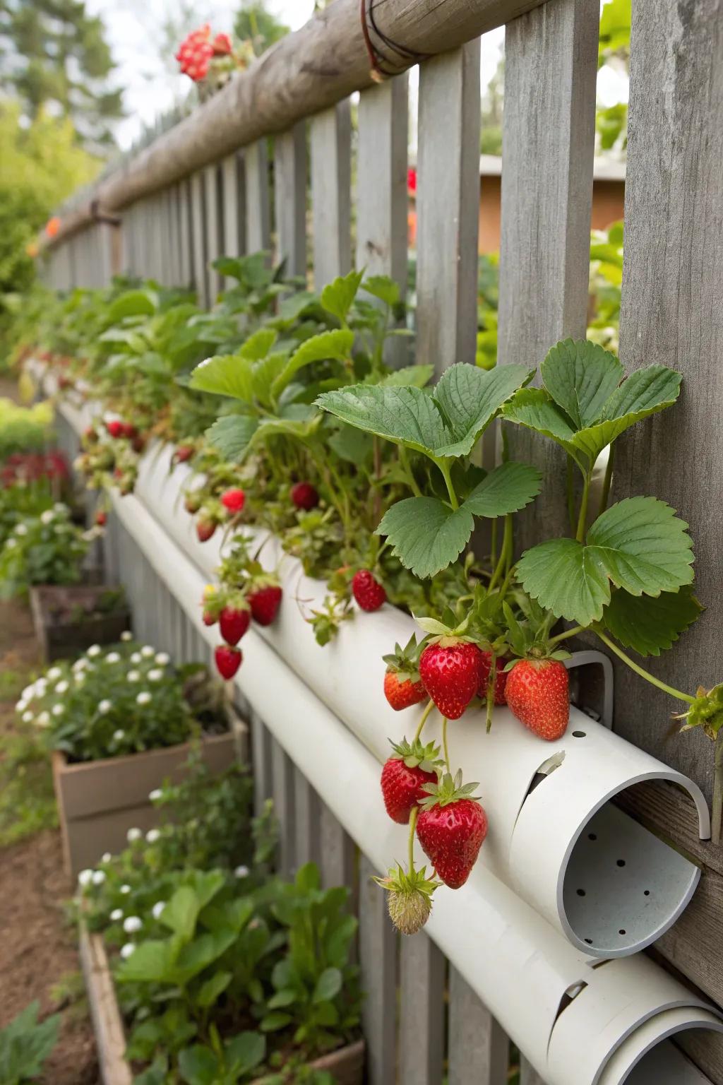 A vertical gutter garden filled with strawberries.