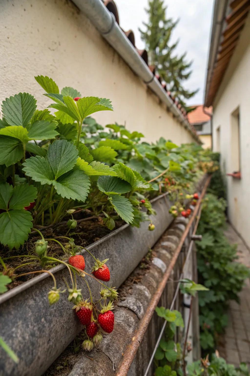 Reclaimed guttering creatively used for strawberry planting.