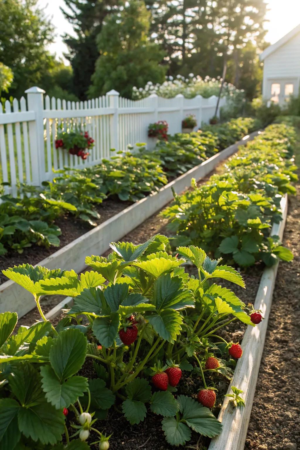 Conventional rows of strawberry plants in a bright garden.