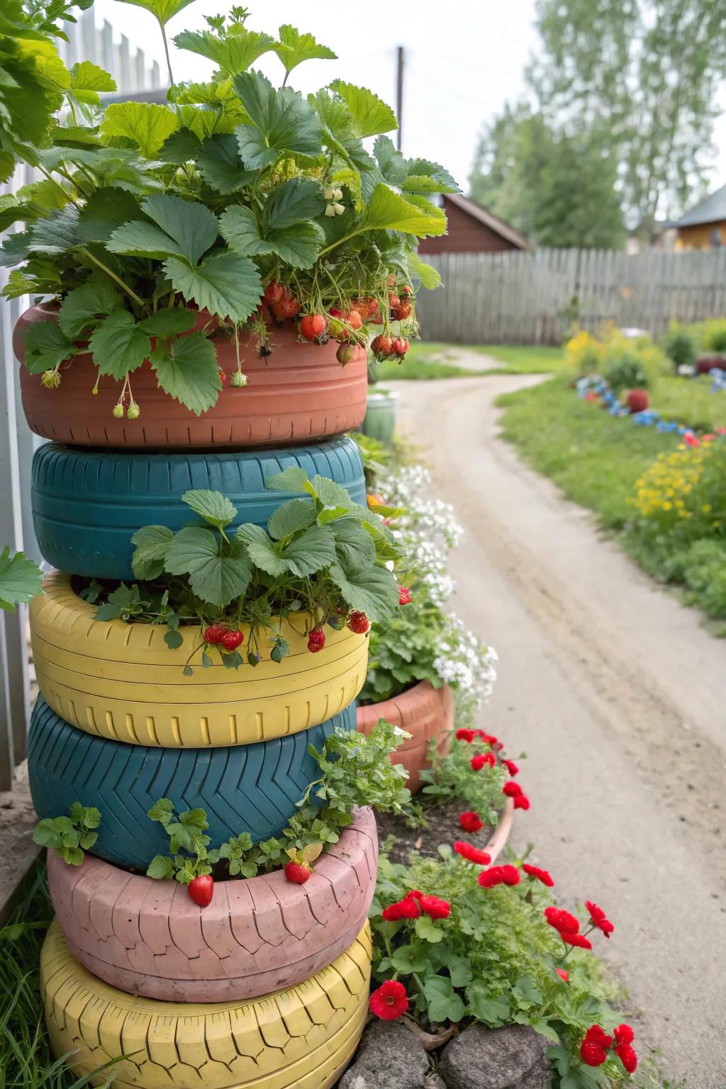 A colorful tire tower filled with vibrant strawberries.