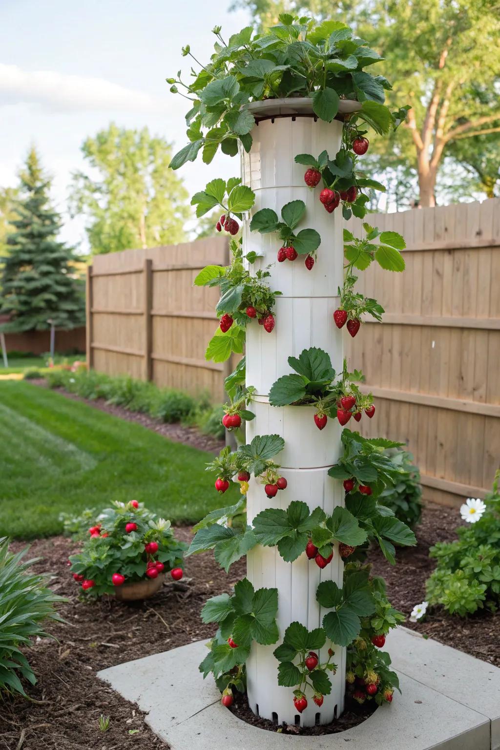 A smart strawberry tower crafted from plastic pipes.