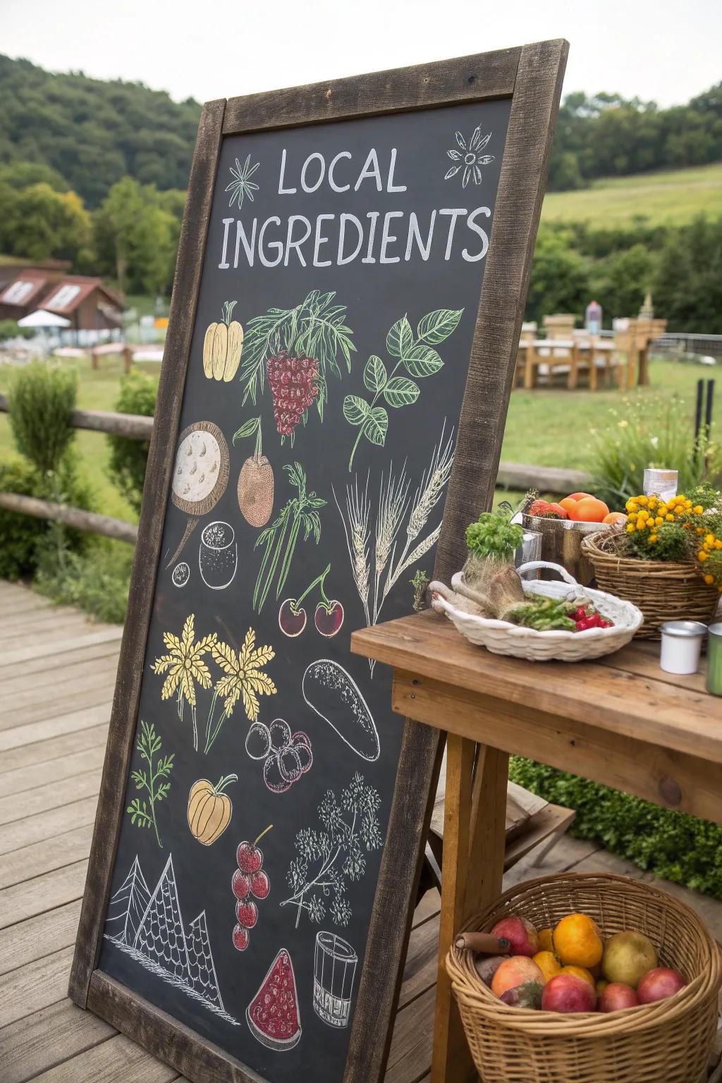 A chalkboard boldly displaying locally sourced components with decorative touches.
