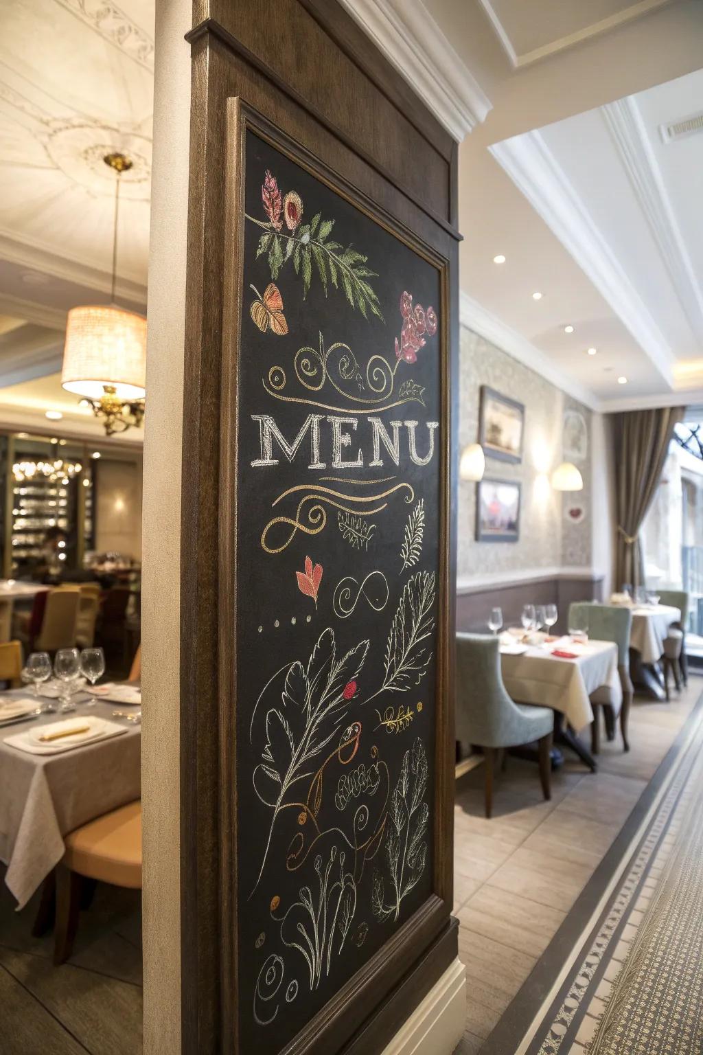 A chalkboard adorned with artistic drawings that beautifully outline the menu text.