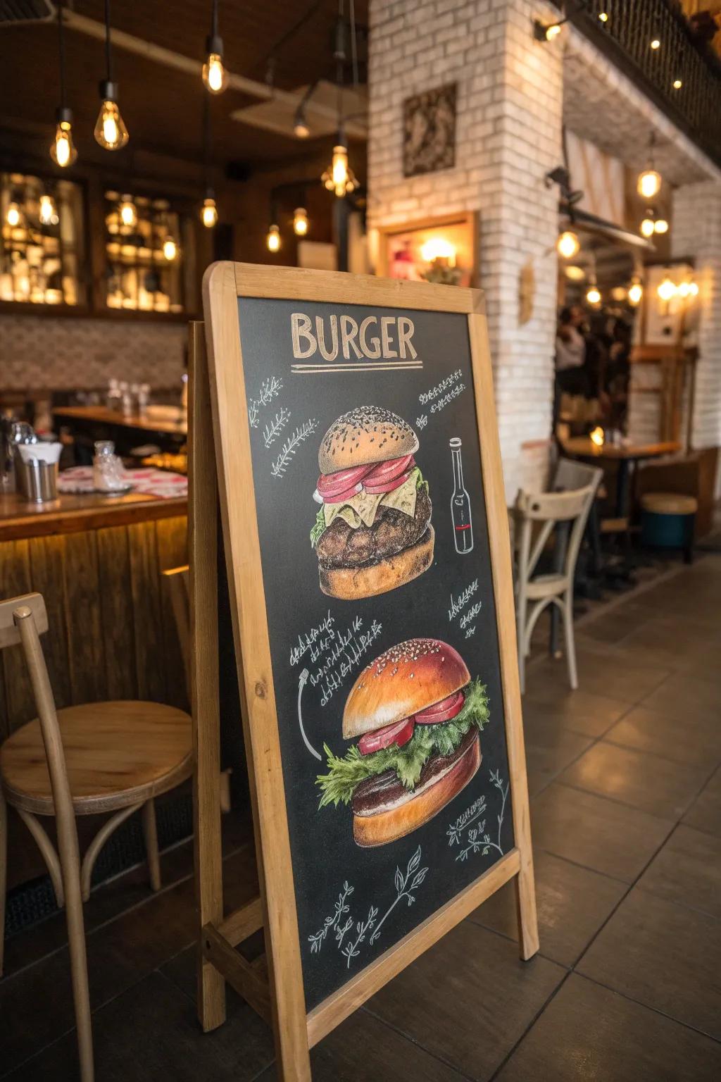 A classic chalkboard showcasing a detailed burger drawing with labeled ingredients.