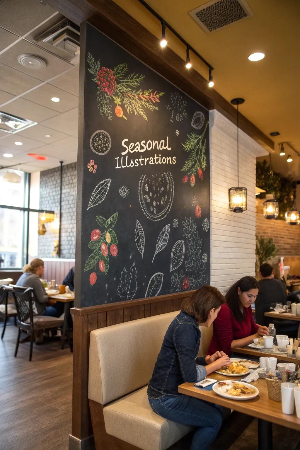A chalkboard adorned with seasonal drawings, enhancing the restaurant's welcoming vibe.