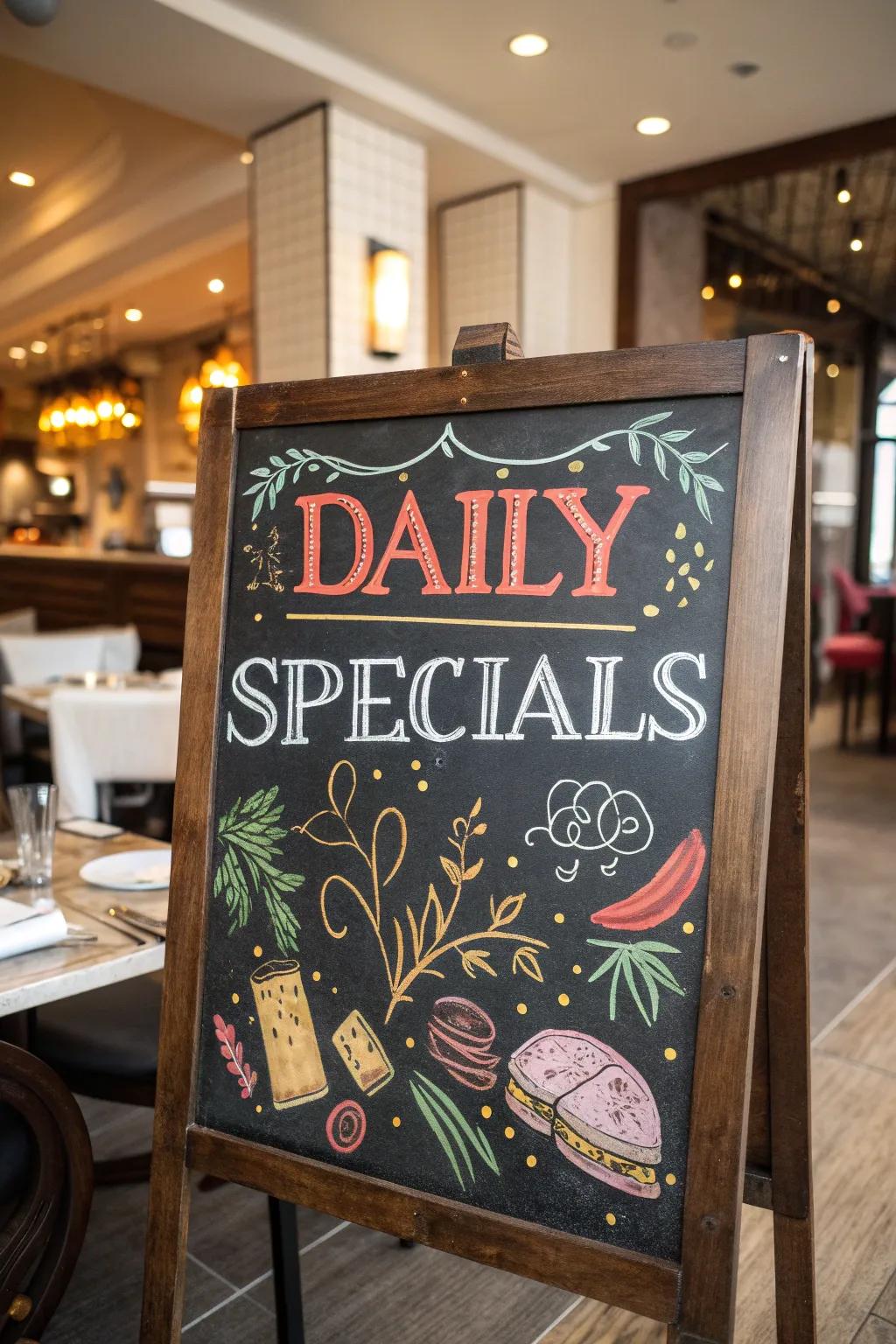 A restaurant chalkboard vividly presents daily specials with captivating colors and illustrations.
