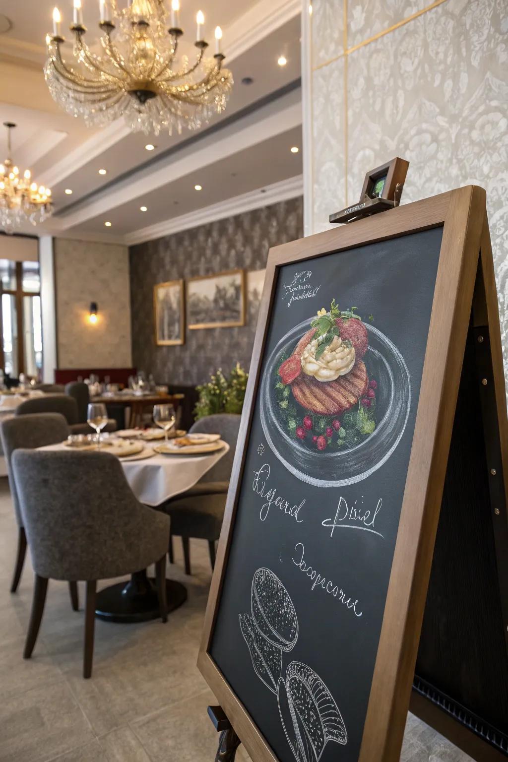 A chalkboard showing a detailed drawing of a signature meal, adding class to the setting.