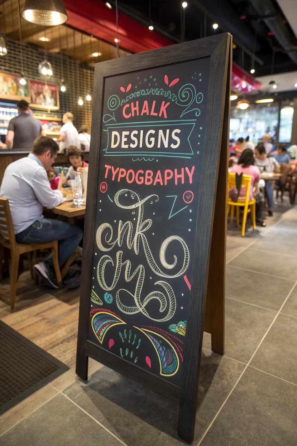 A vibrant chalkboard overflowing with colorful patterns and eye-catching type.