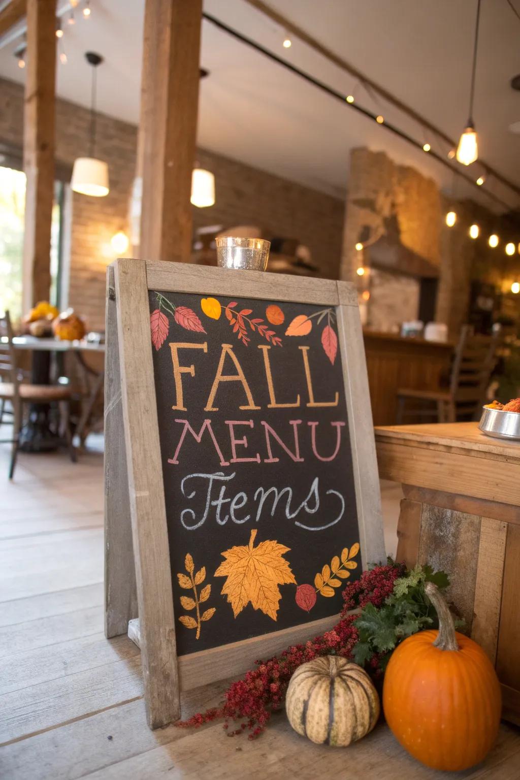 A chalkboard dressed in fall-themed decorations, bringing seasonal allure to the eatery.