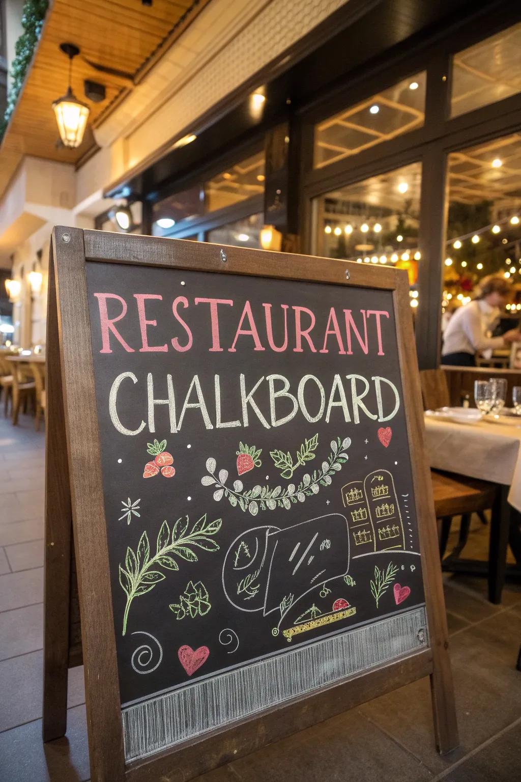 A chalkboard featuring a humorous saying that adds a playful aspect to the restaurant's setting.