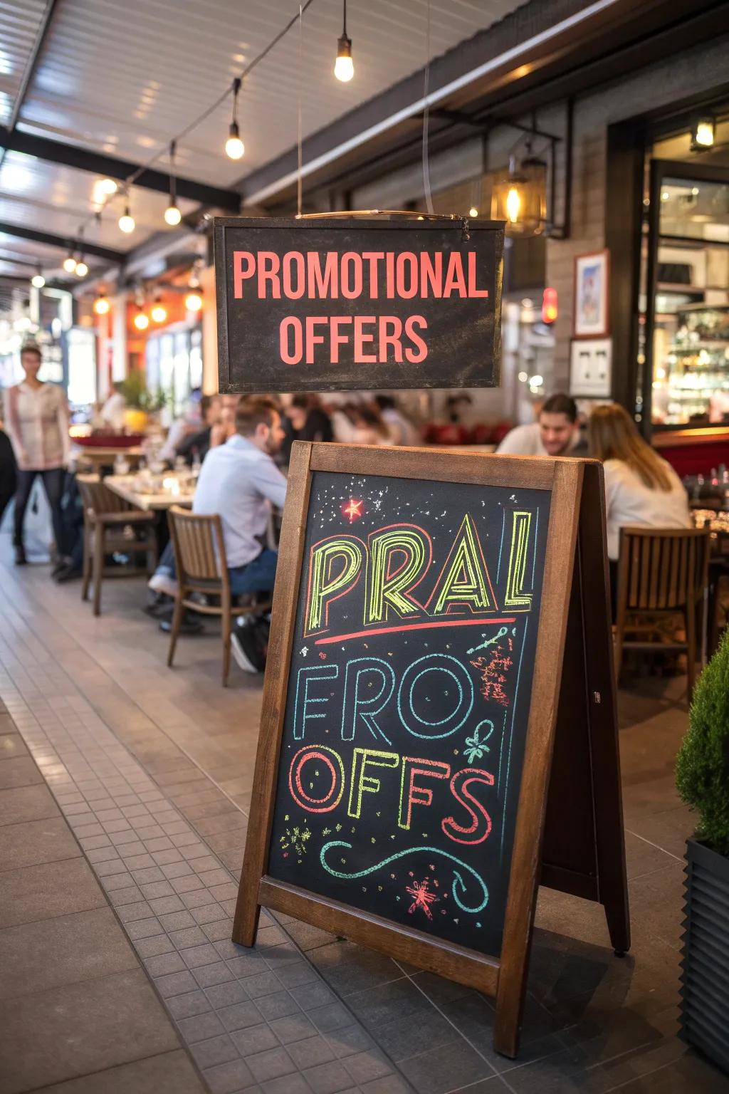 A chalkboard noticeably displaying promotional deals with bold type and vibrant shades.