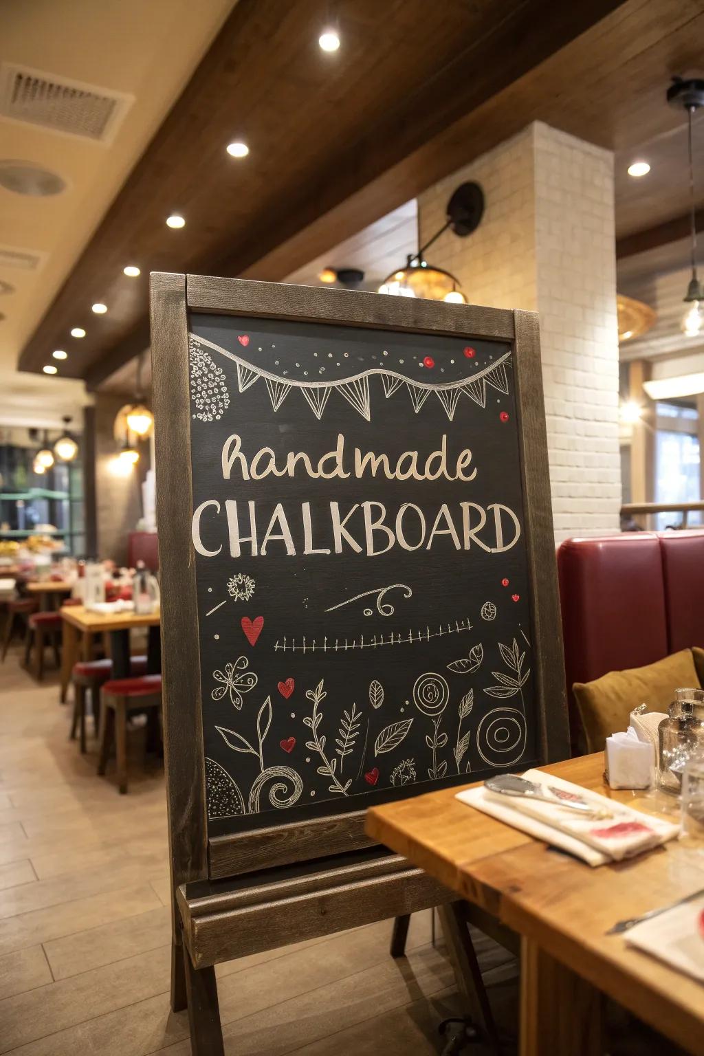 A chalkboard expressing a handcrafted style, adding a personalized touch to the eatery.
