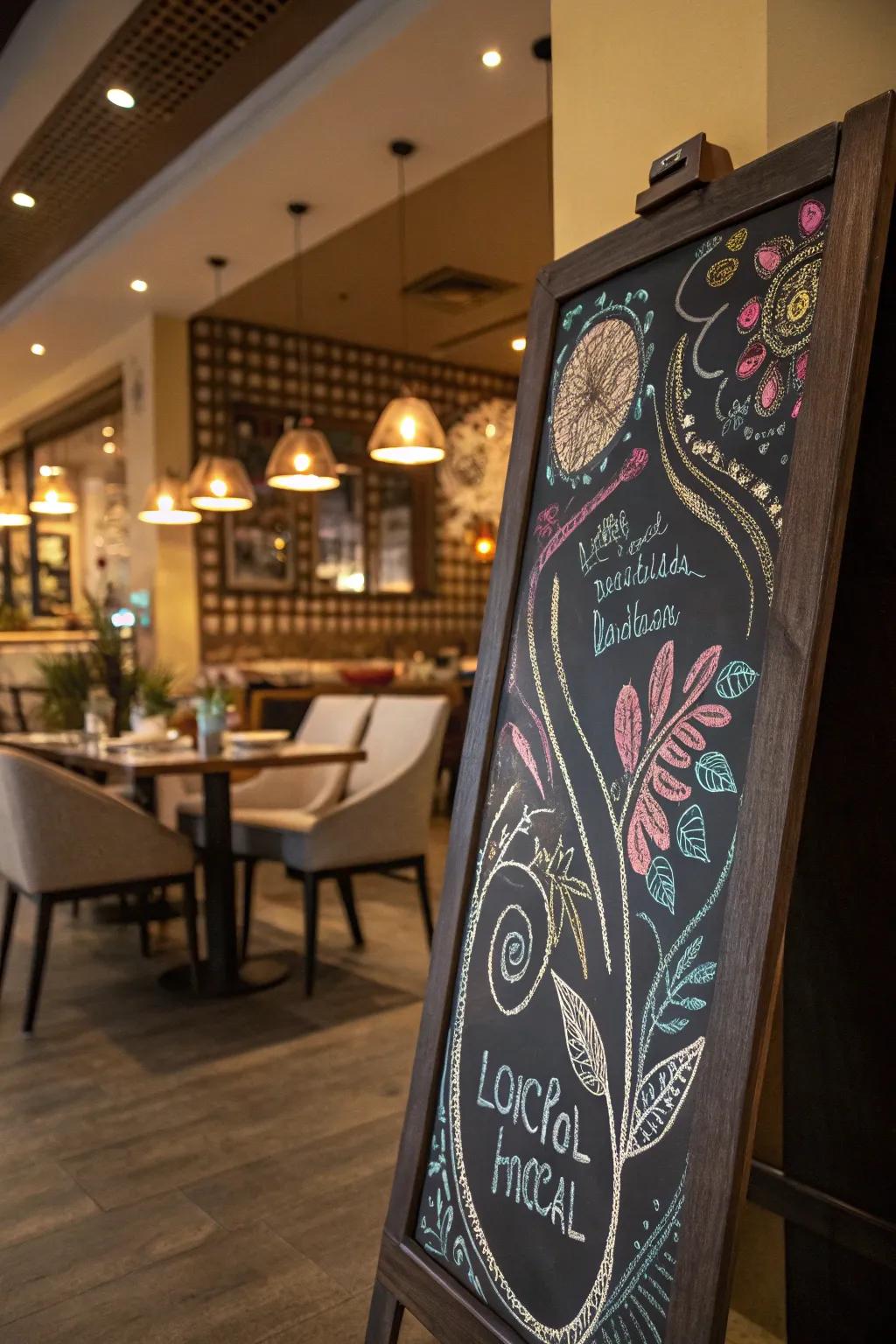 A chalkboard featuring unique styles crafted by a local artist, adding a creative touch to the ambiance.