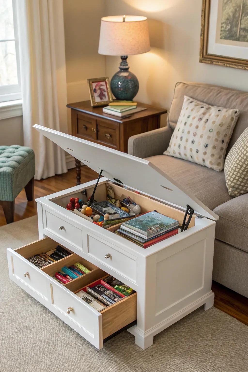 Adaptable furniture adeptly conceals toys.