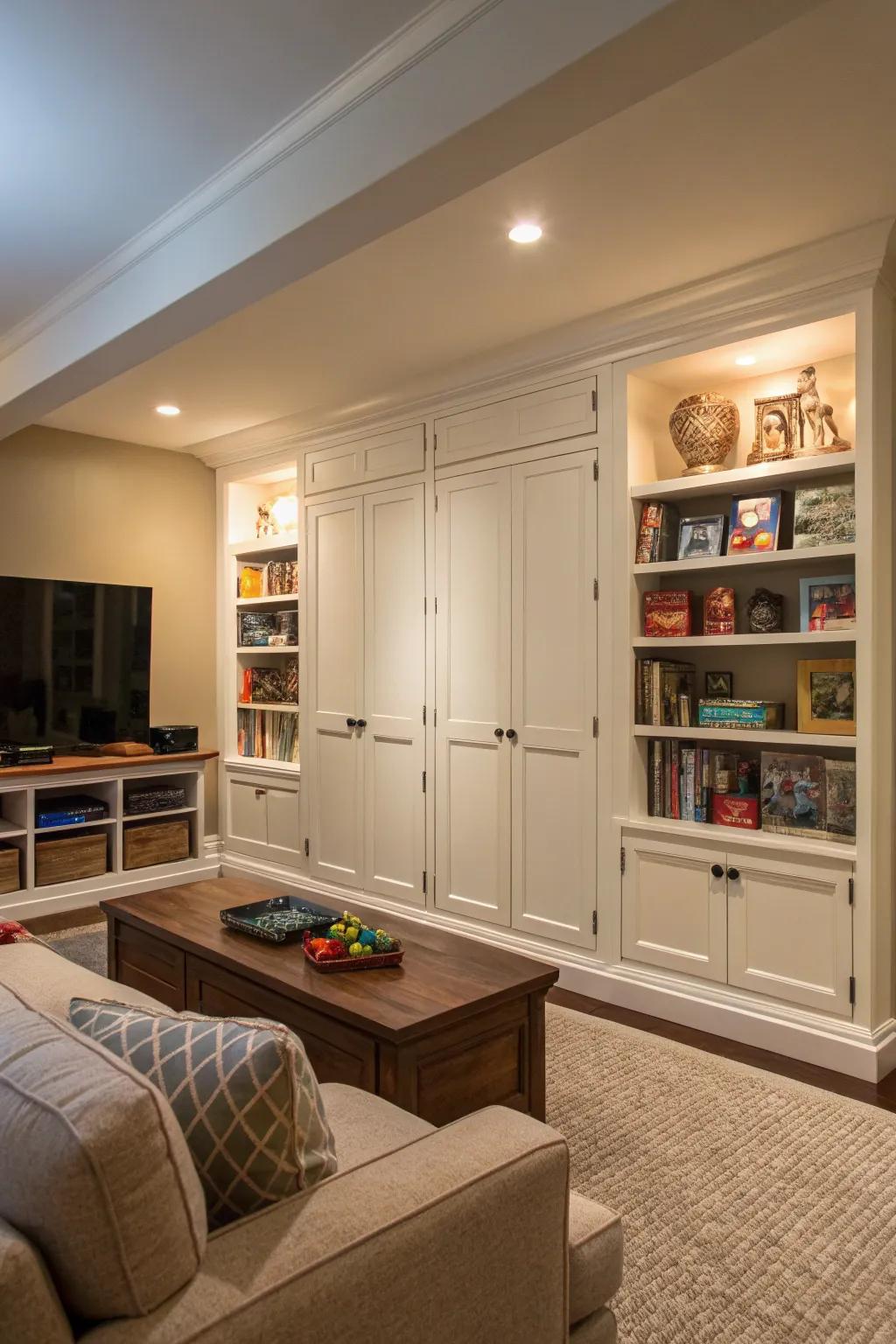 Wall-mounted cabinets for contemporary toy storage.
