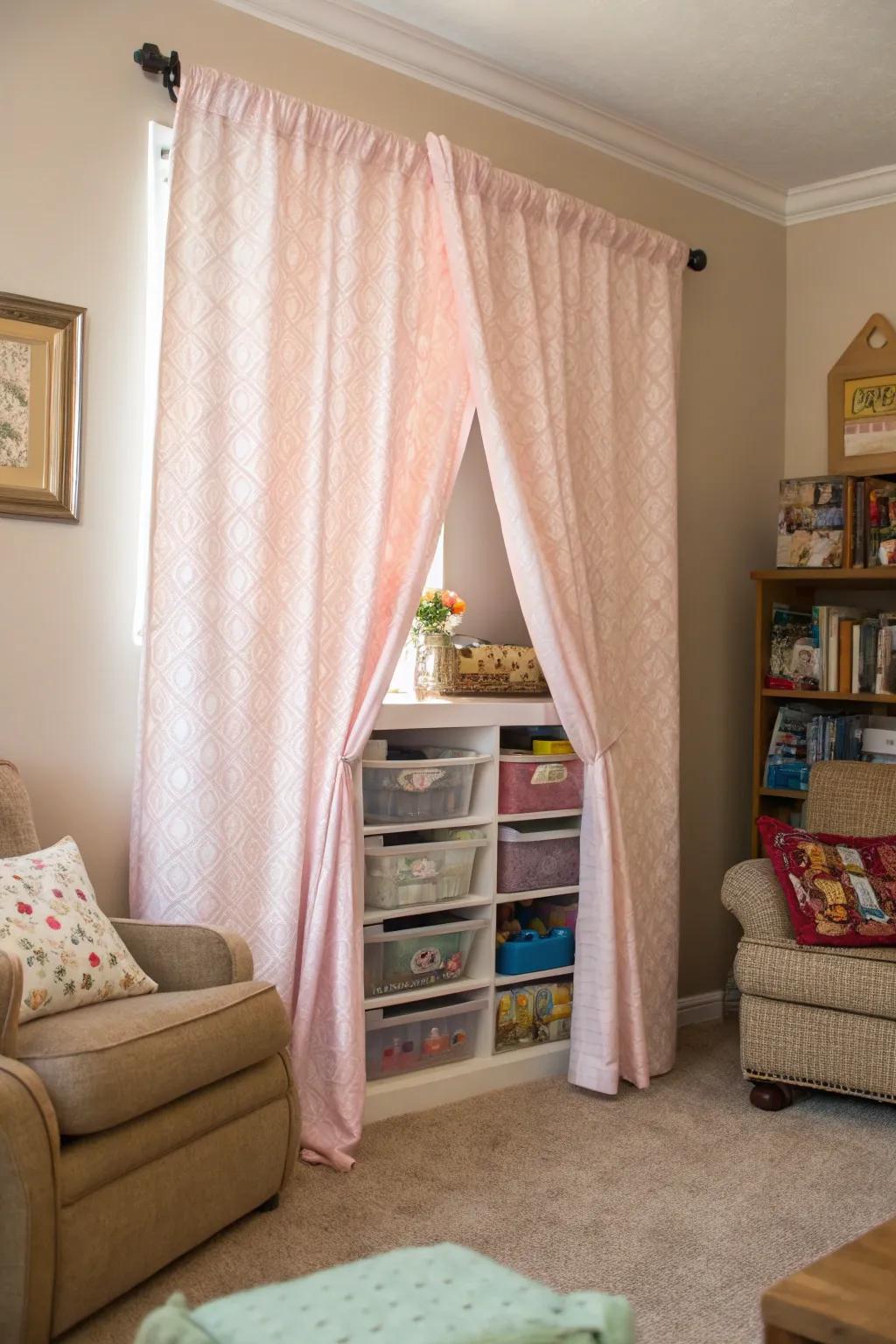 Chic curtains that conceal toy storage elegantly.