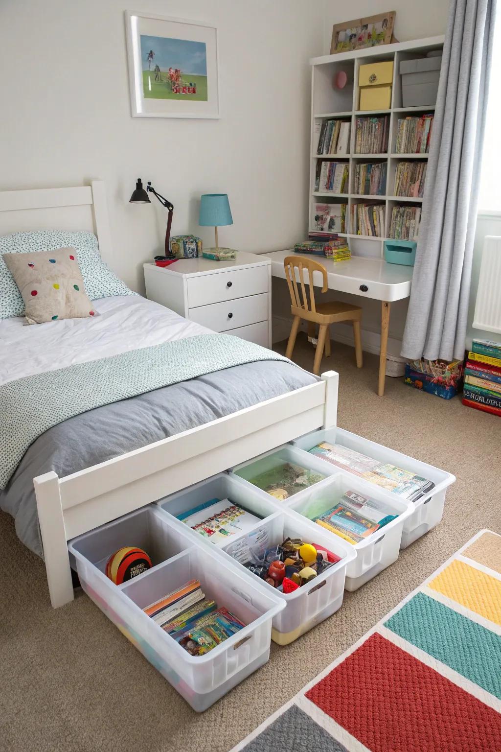 Using underbed space for concealed toy storage.