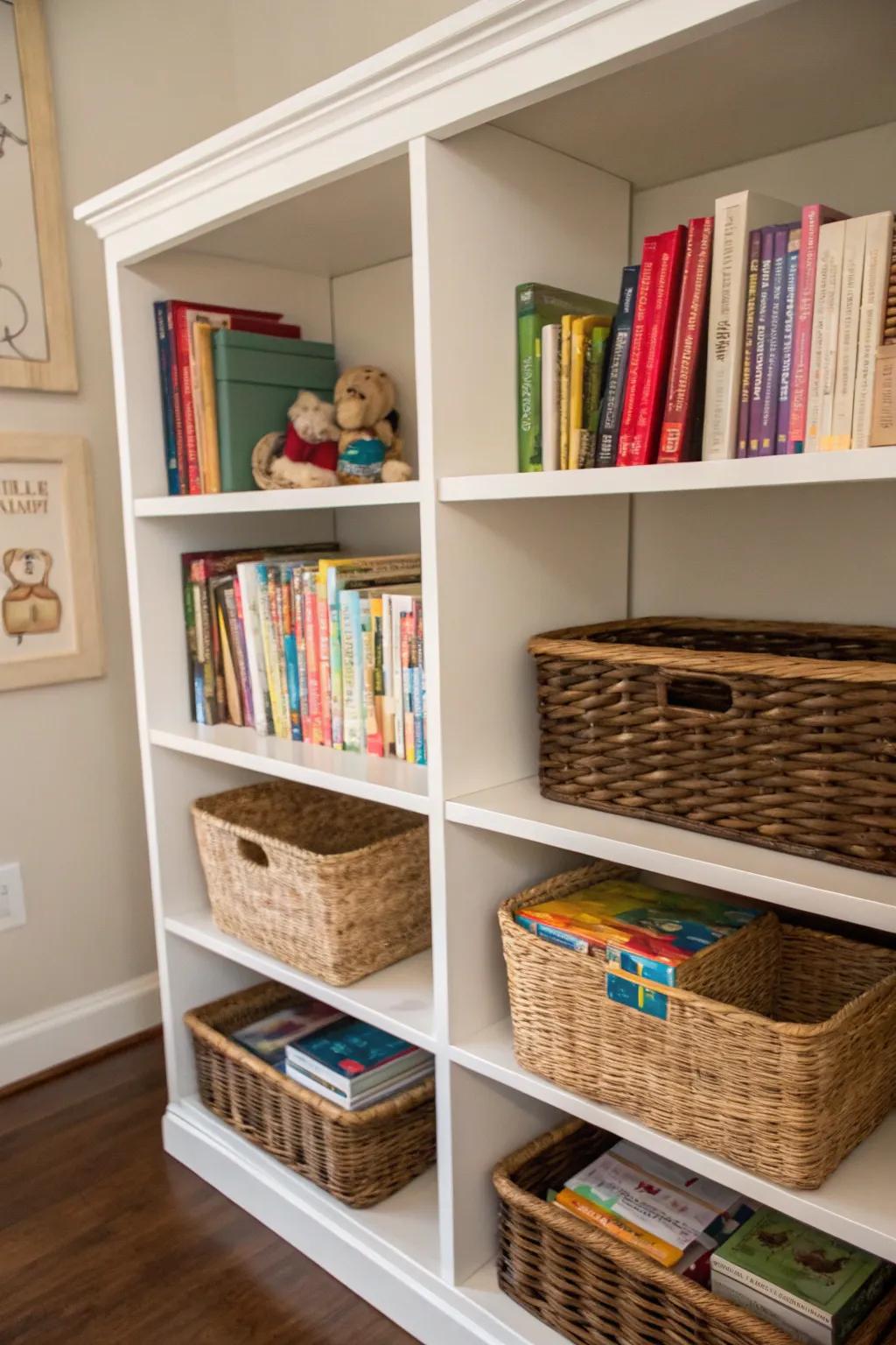 Shelving units featuring baskets for prudent toy storage.