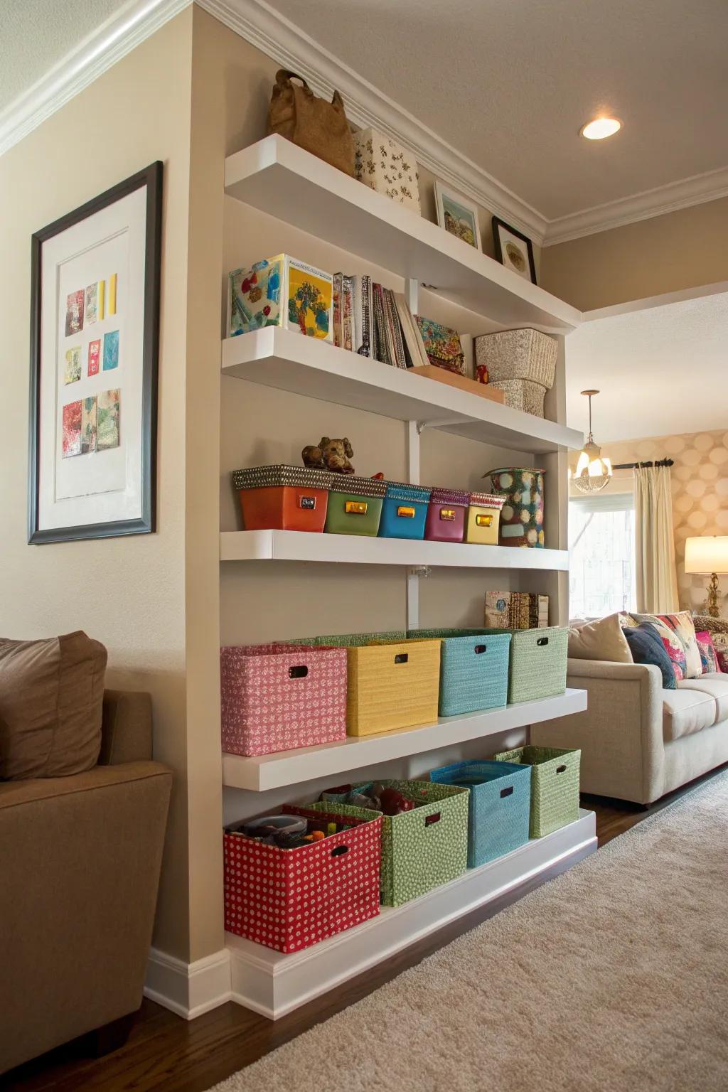 Floating shelves and containers for stylish toy storage.