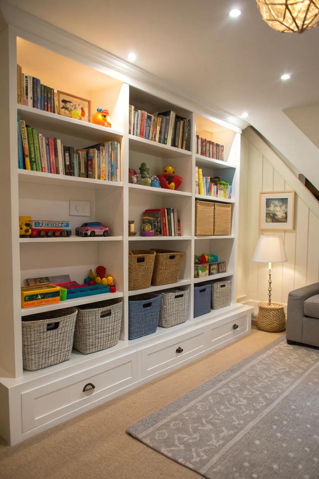 Hidden play areas with subtle toy storage.
