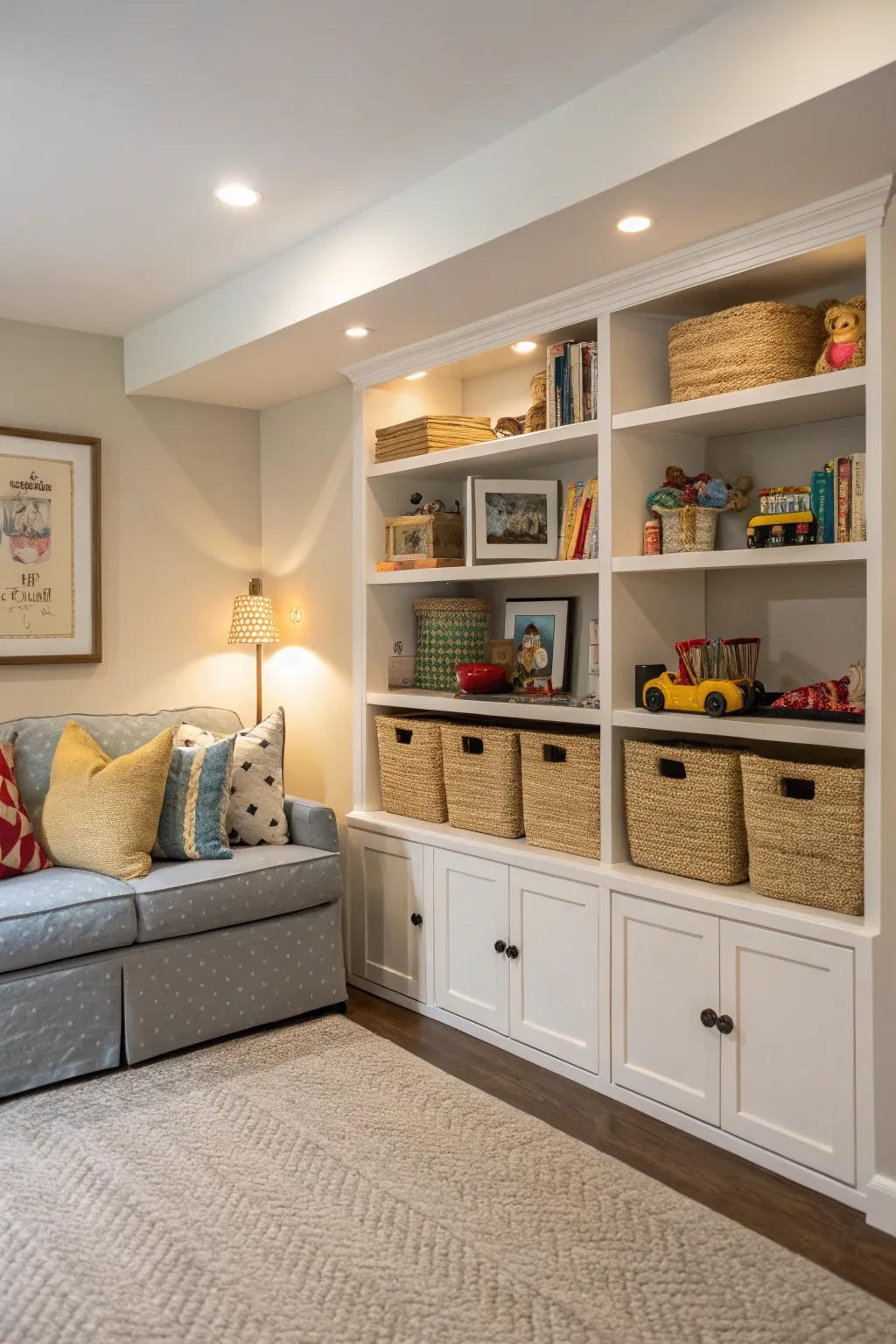 Using nooks for concealed toy storage.