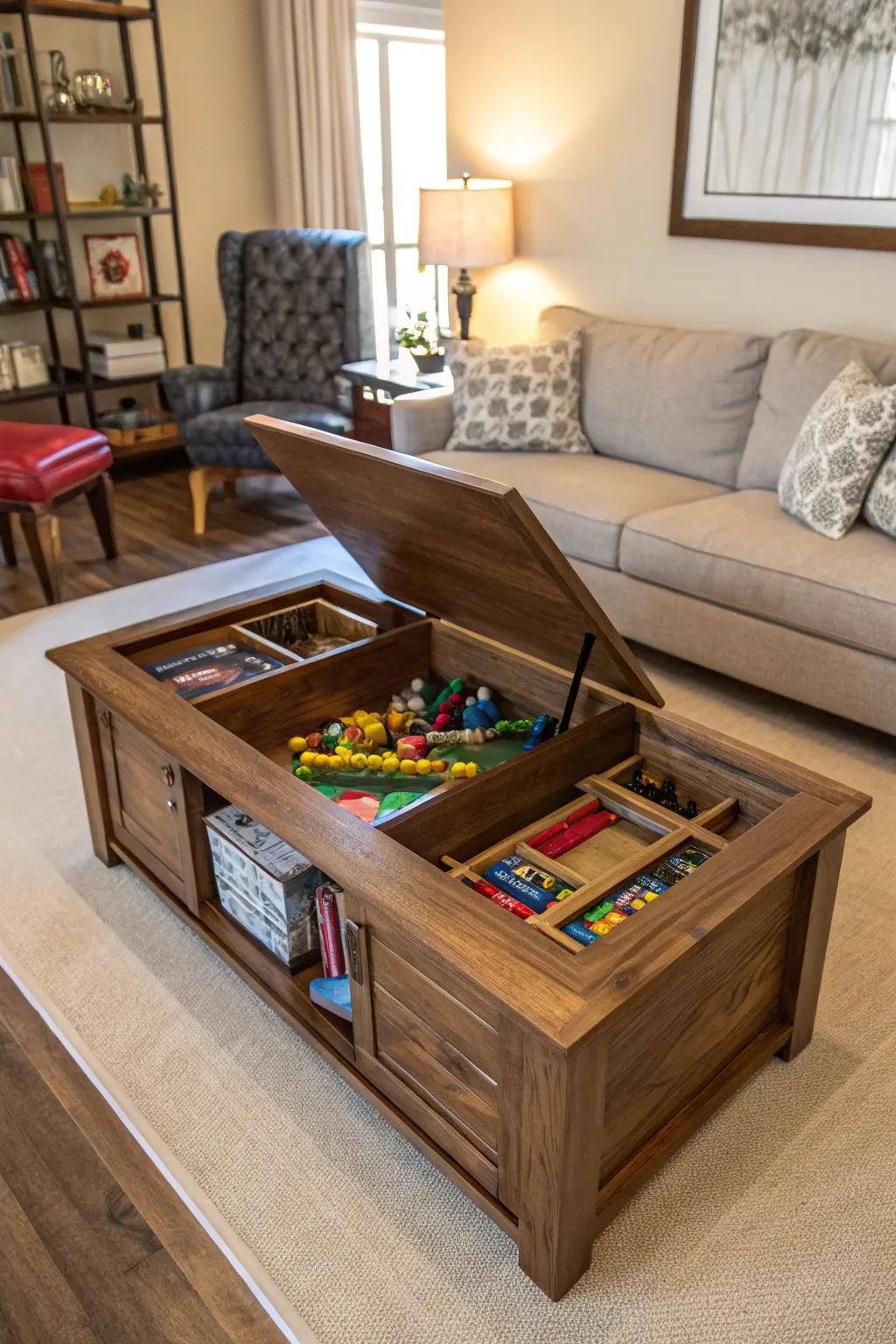 A center table featuring concealed storage for toys.
