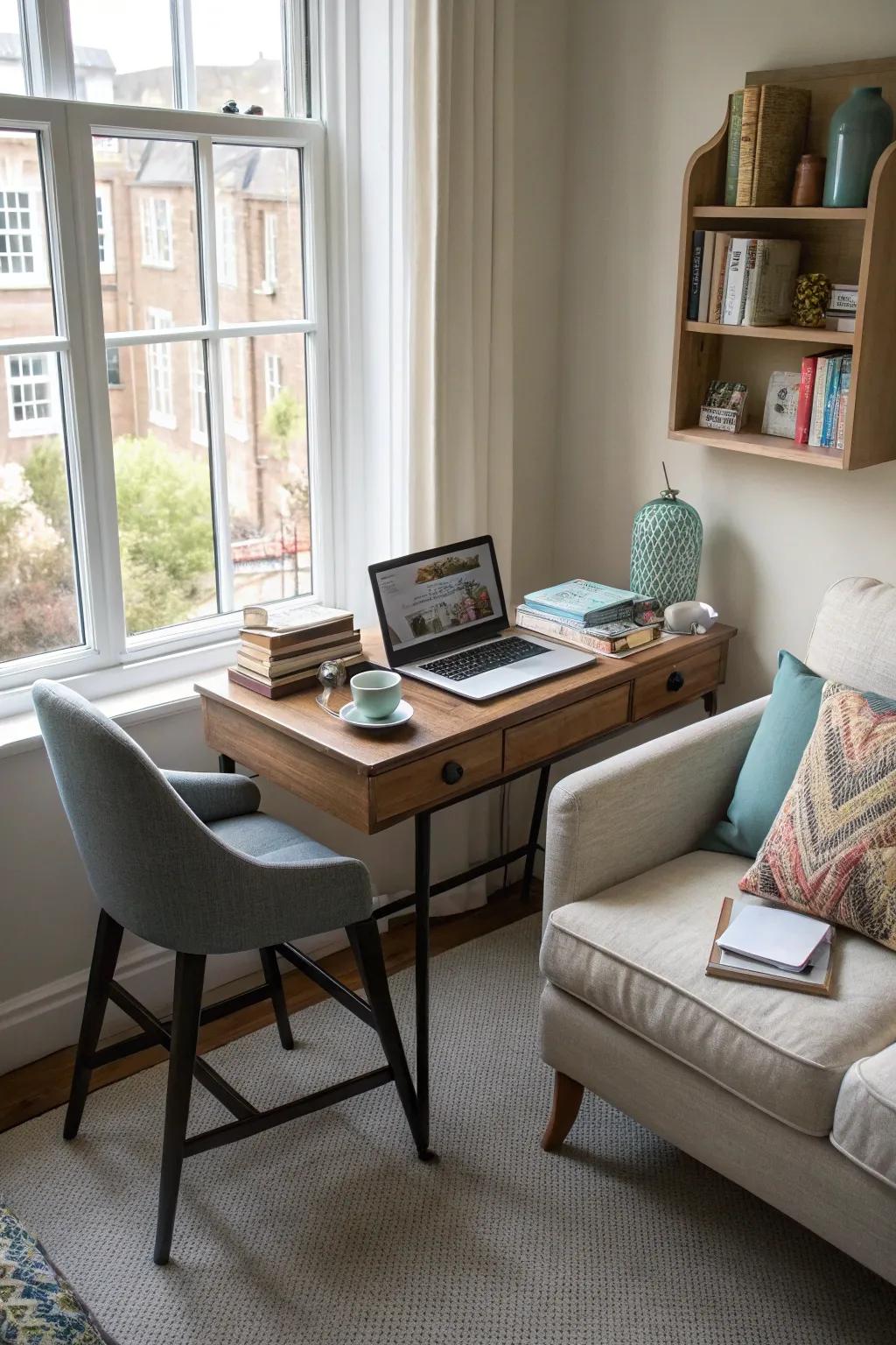 A reduced workspace integrates functionality inside the family room.