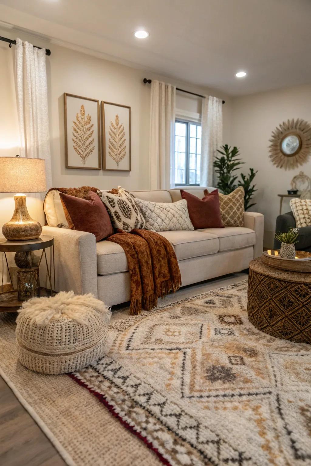 Material details provide depth and coziness to a family room.