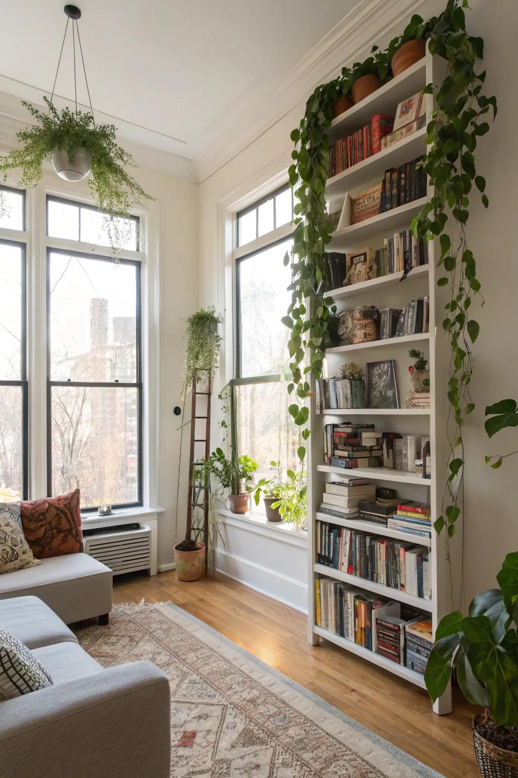 High space is maximized using stylish tall shelves and suspended plants.