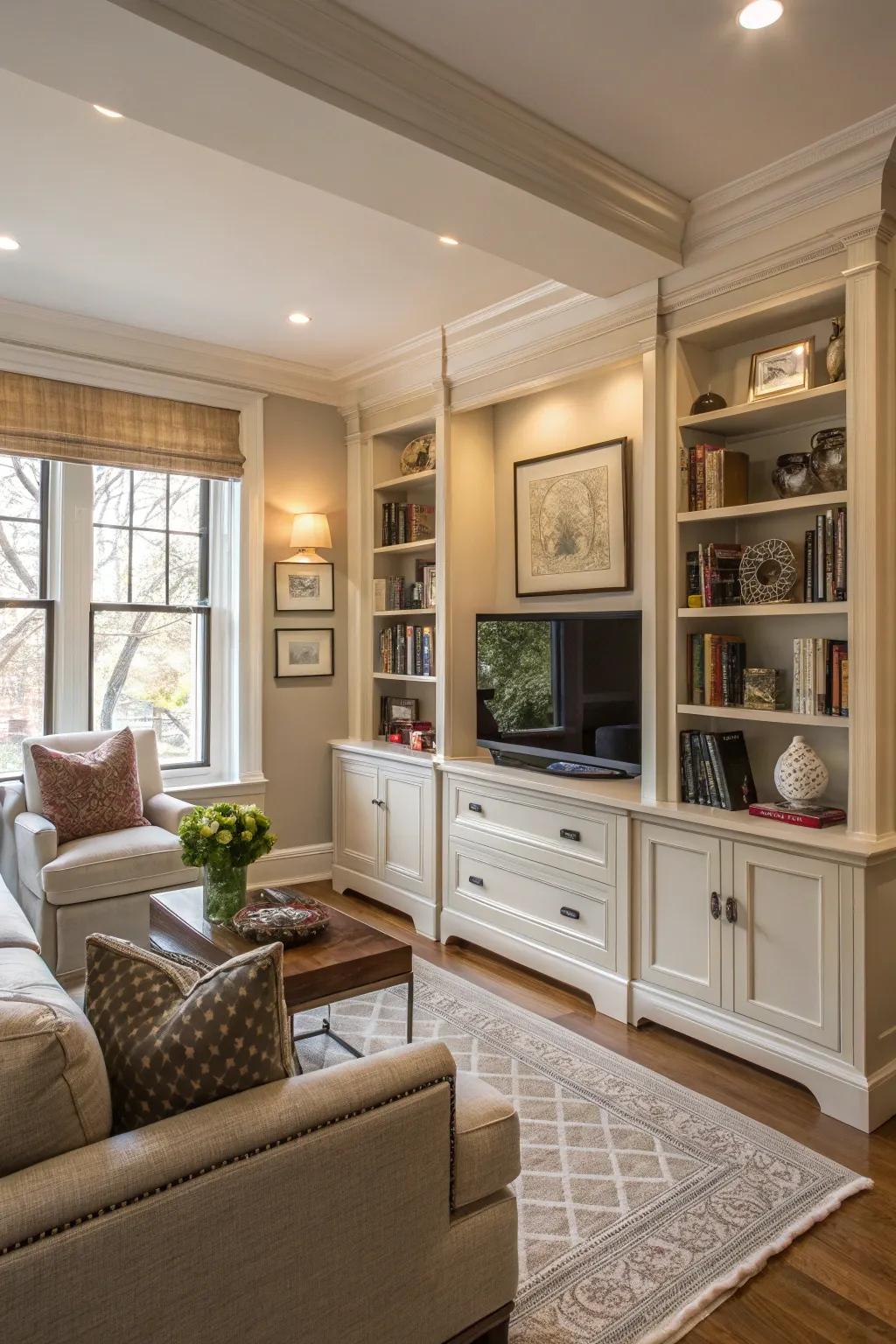 Fixed storage maintains organization and style inside the family room.