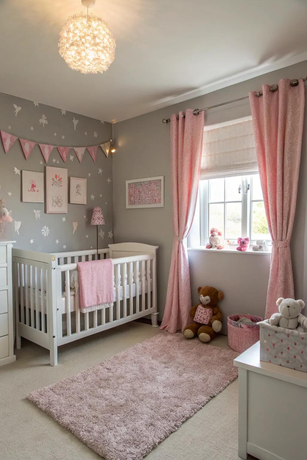 Tranquility in grey enhanced by rose touches in a baby girl's haven.