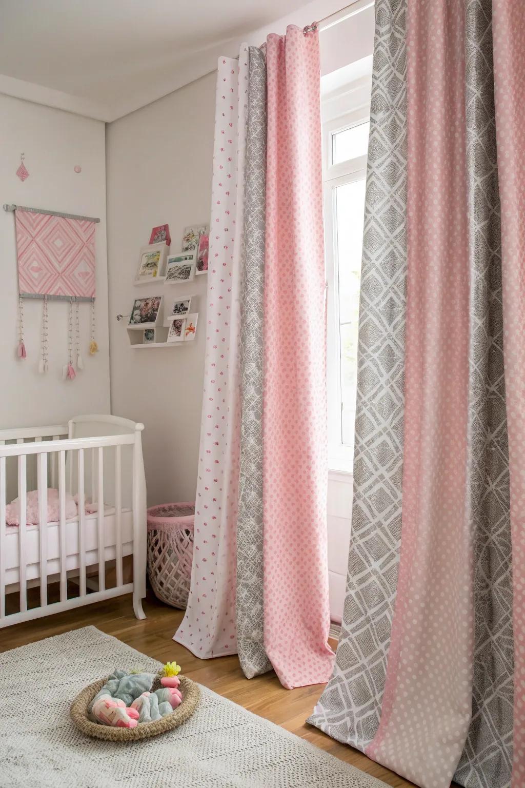 Textured drapes in rose and grey frame the nursery exquisitely.